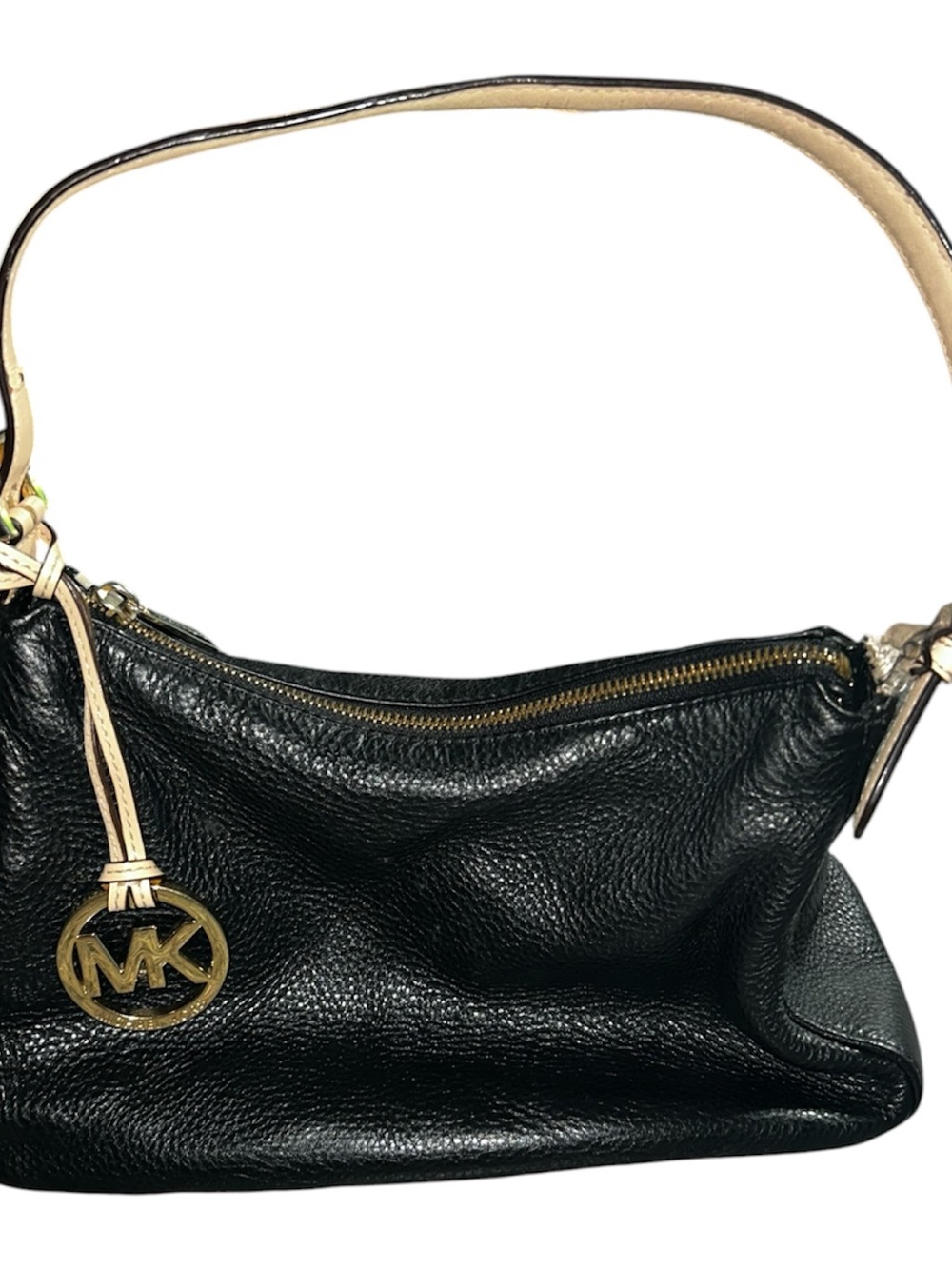 Michael Kors Black Leather Shoulder Bag with Gold Charm and Beige Strap